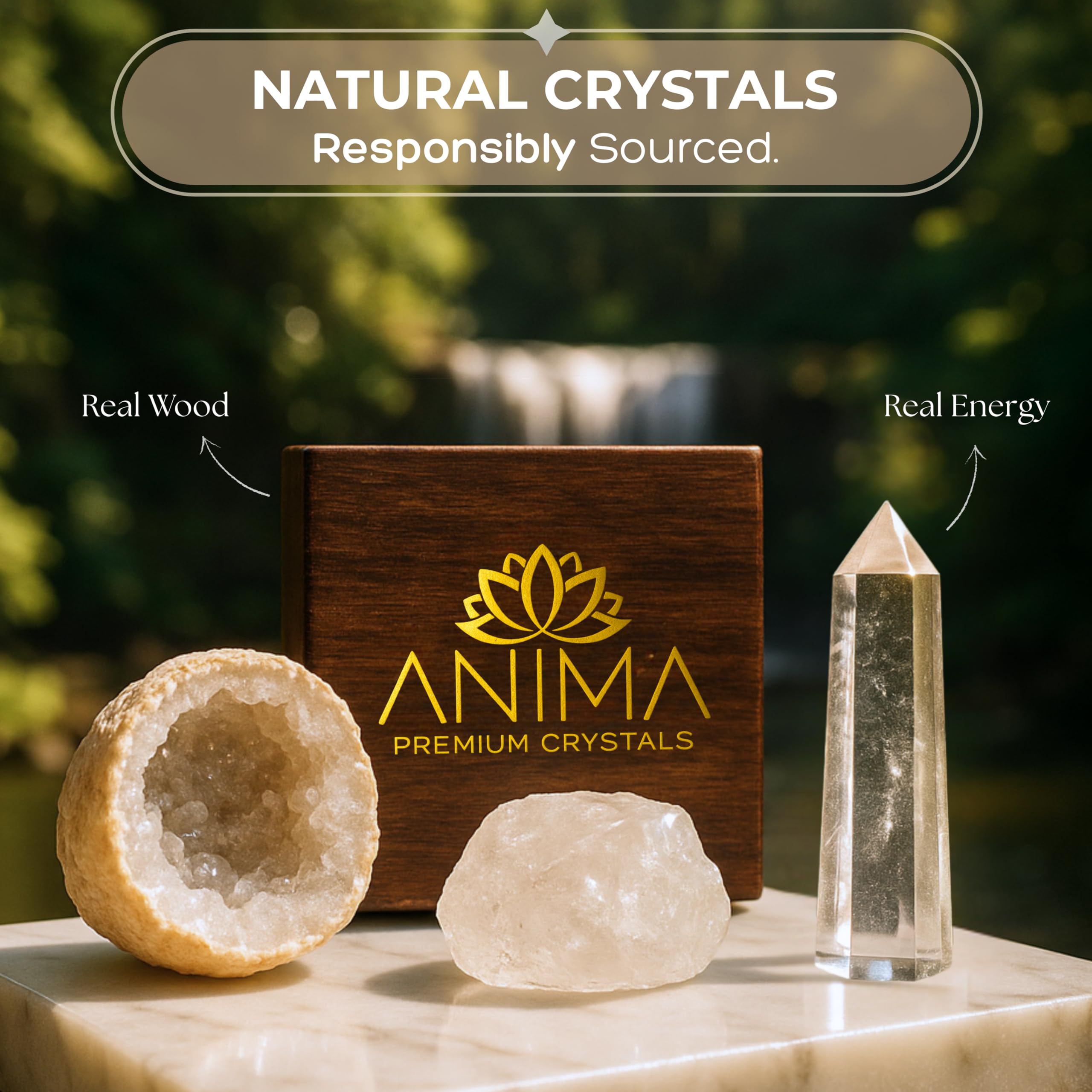 Anima Premium Rose Quartz Crystal Set for Love, Healing & Harmony – Authentic Madagascar Rose Quartz Heart Stone, Tower & Raw Crystal Presented in Elegant Wooden Gift Box – Responsibly Sourced