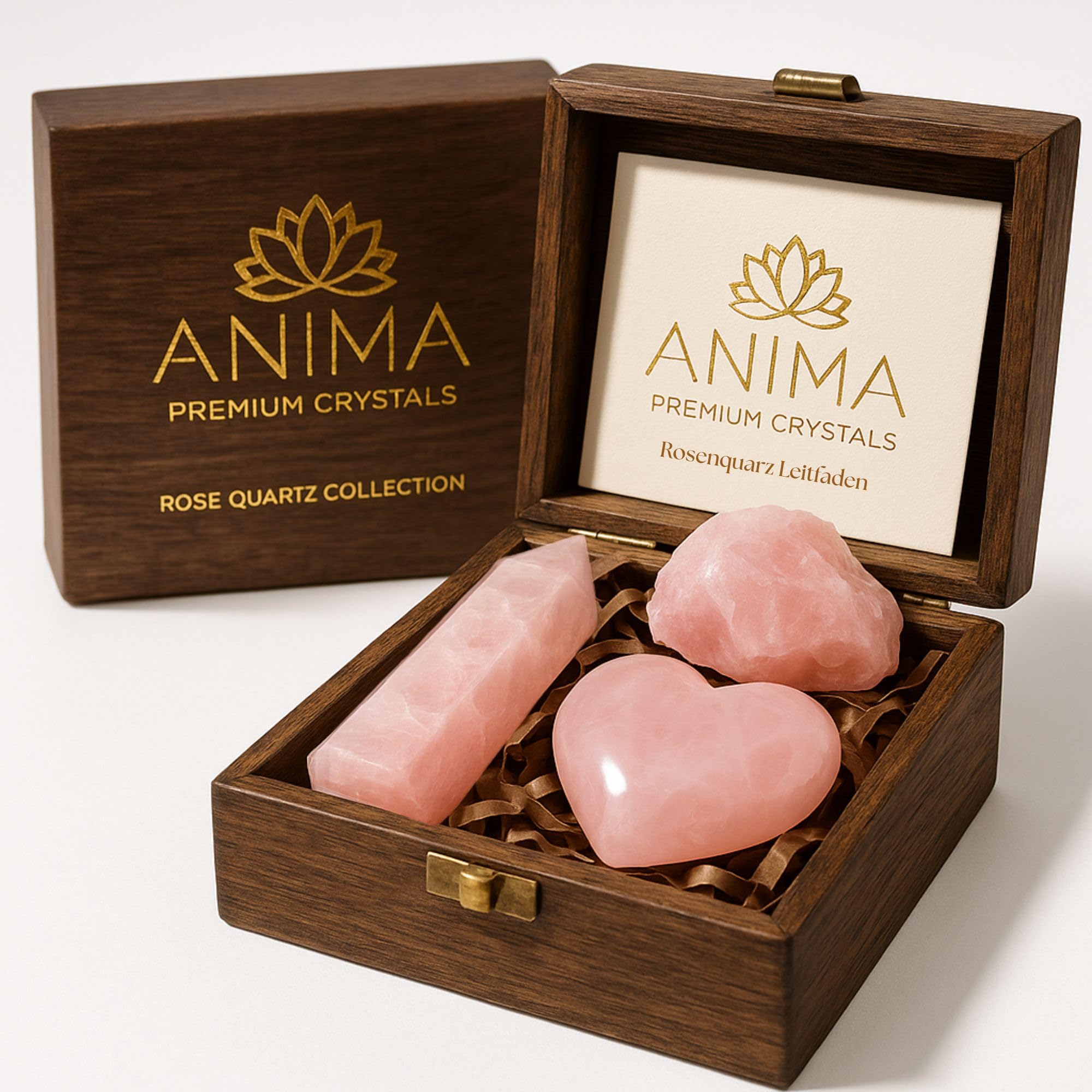 Anima Premium Rose Quartz Crystal Set for Love, Healing & Harmony – Authentic Madagascar Rose Quartz Heart Stone, Tower & Raw Crystal Presented in Elegant Wooden Gift Box – Responsibly Sourced