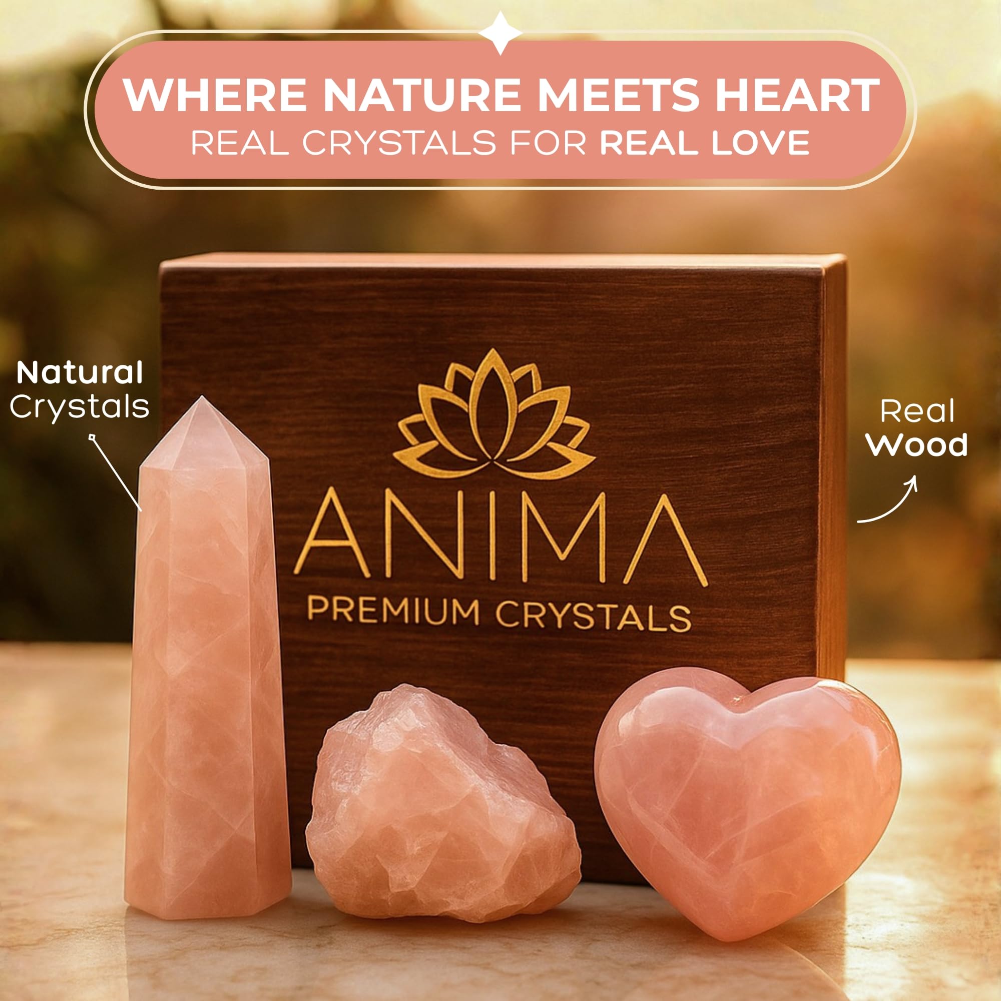 Anima Premium Rose Quartz Crystal Set for Love, Healing & Harmony – Authentic Madagascar Rose Quartz Heart Stone, Tower & Raw Crystal Presented in Elegant Wooden Gift Box – Responsibly Sourced