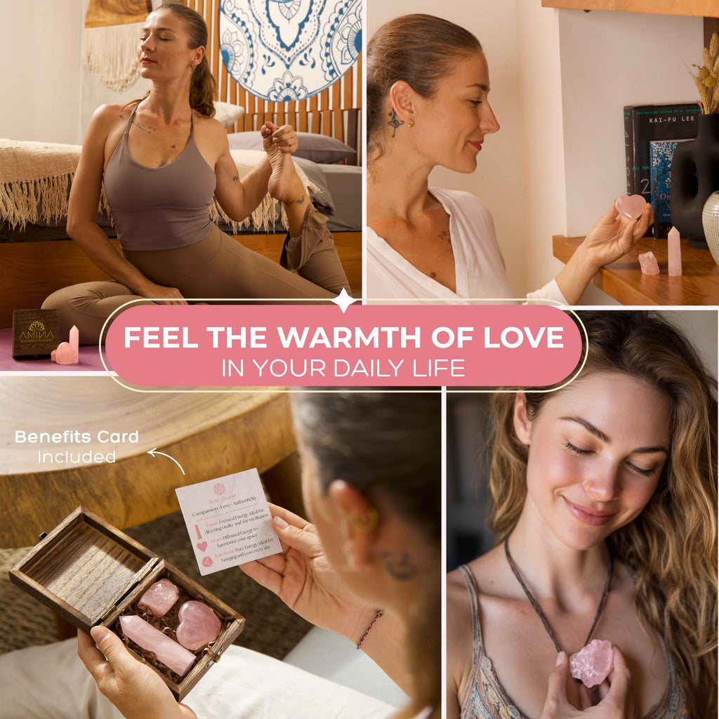 Anima Premium Rose Quartz Crystal Set for Love, Healing & Harmony – Authentic Madagascar Rose Quartz Heart Stone, Tower & Raw Crystal Presented in Elegant Wooden Gift Box – Responsibly Sourced