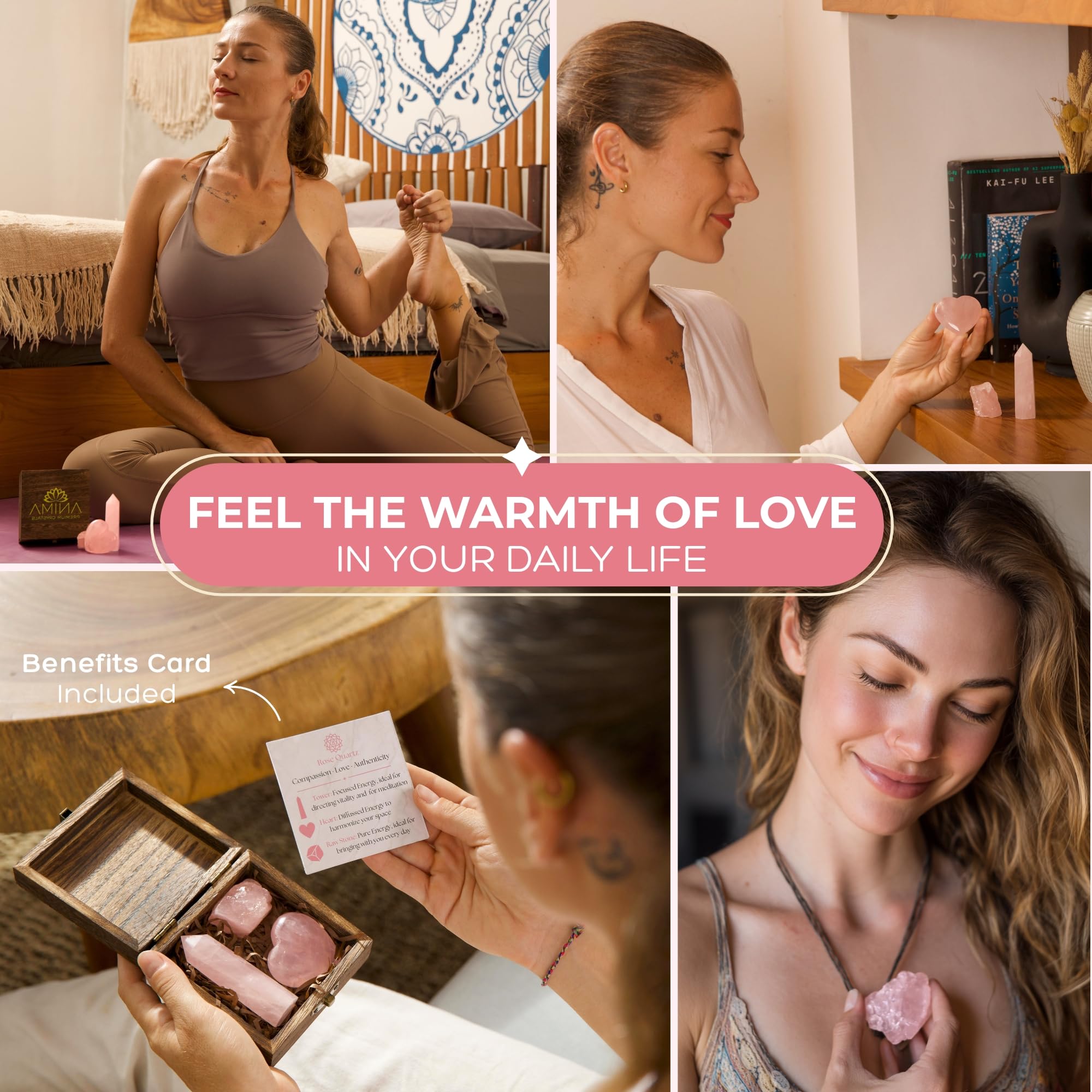 Anima Premium Rose Quartz Crystal Set for Love, Healing & Harmony – Authentic Madagascar Rose Quartz Heart Stone, Tower & Raw Crystal Presented in Elegant Wooden Gift Box – Responsibly Sourced